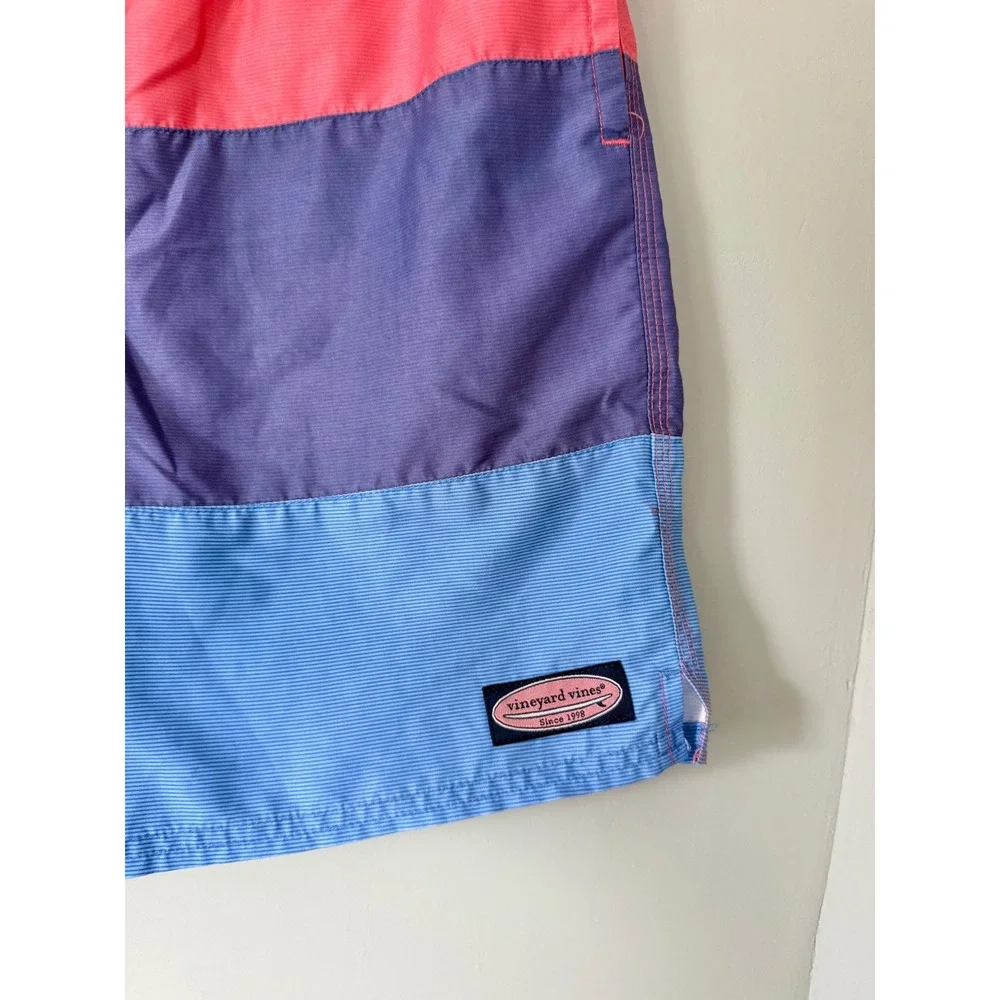 Vineyard Vines Chappy Swim Trunks Bathing Suit Blue Pink Stripes Boys'  Large/16